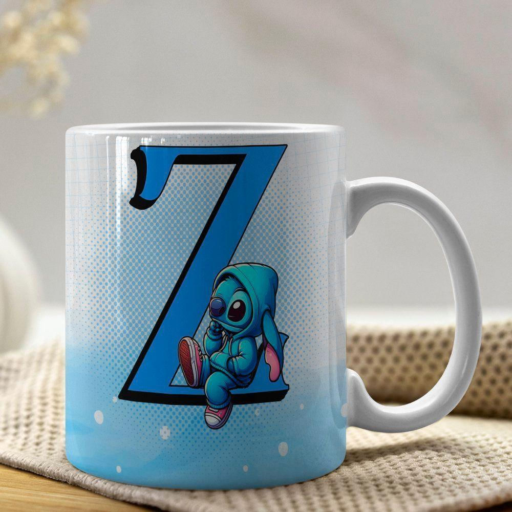 Caneca De Porcelana Stitch Letras A-z 325ml Azul Z