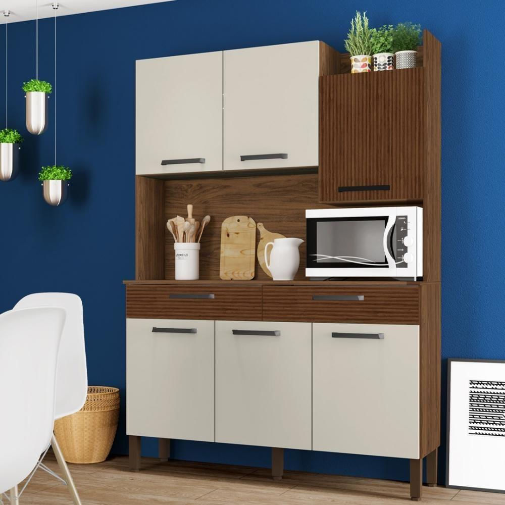 Armário De Cozinha Compacta 6 Portas 2 Gavetas Modena Nogueira-off White-cp-ripado