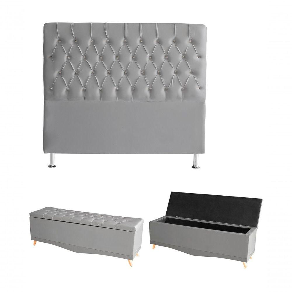 Kit Estrela Cabeceira De Cama Box E Calçadeira Baú Pés Palito Botão Cristal King 195 Cm Suede Prata Do Lar Móveis