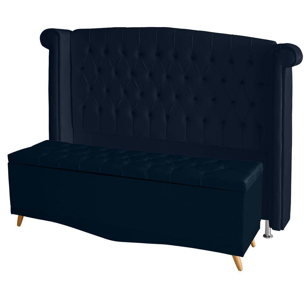 Kit De Quarto Cabeceira De Cama Box E Calçadeira Baú Toquio Casal Queen 160 Cm Suede Azul Marinho Do Lar Móveis E Decora