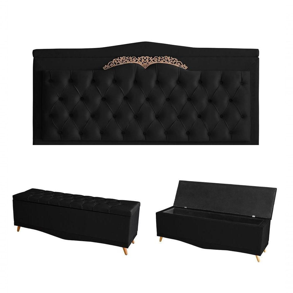 Kit Barcelona Cabeceira De Cama Painel E Calçadeira Baú Queen 160 Cm Suede Preto Do Lar Móveis E Decoração
