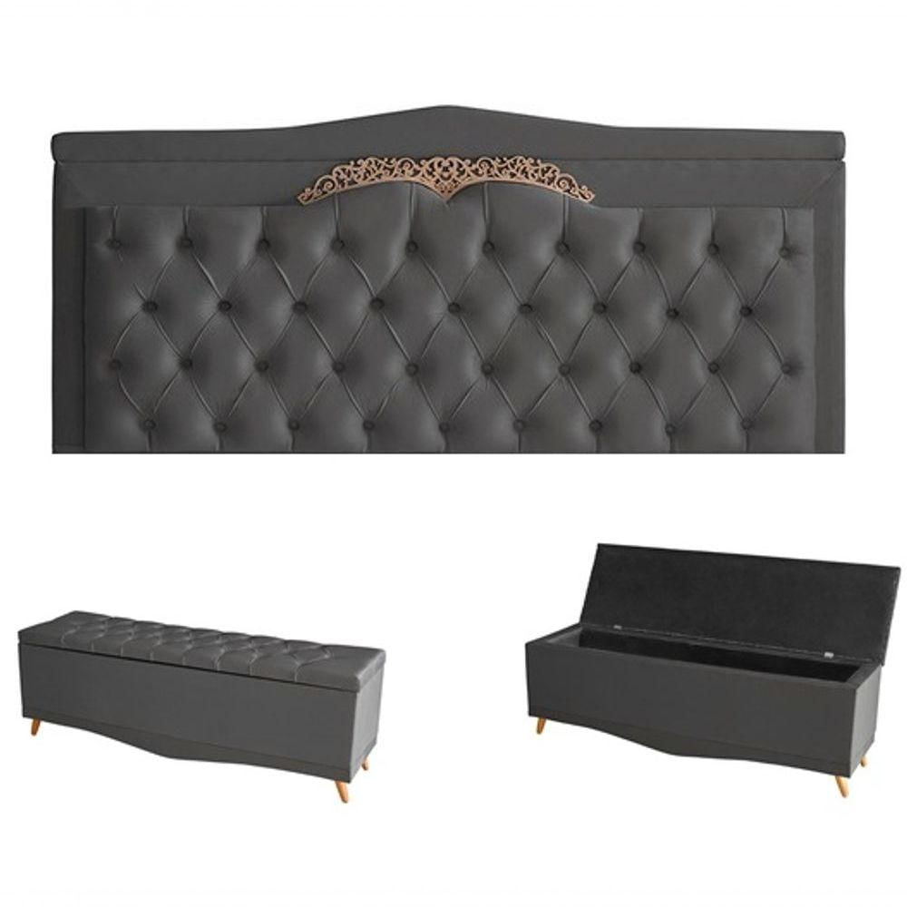Kit Barcelona Cabeceira De Cama Painel E Calçadeira Baú Casal 140 Cm Suede Grafite Do Lar Móveis E Decoração