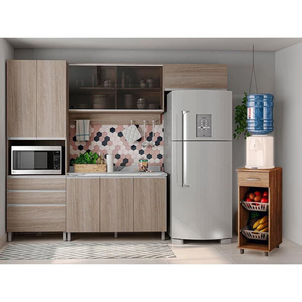 Cozinha Completa Bartira Amazonita com 8 Portas, 3 Gavetas e 6 Prateleiras - 271cm de largura + Fruteira Politorno Facility