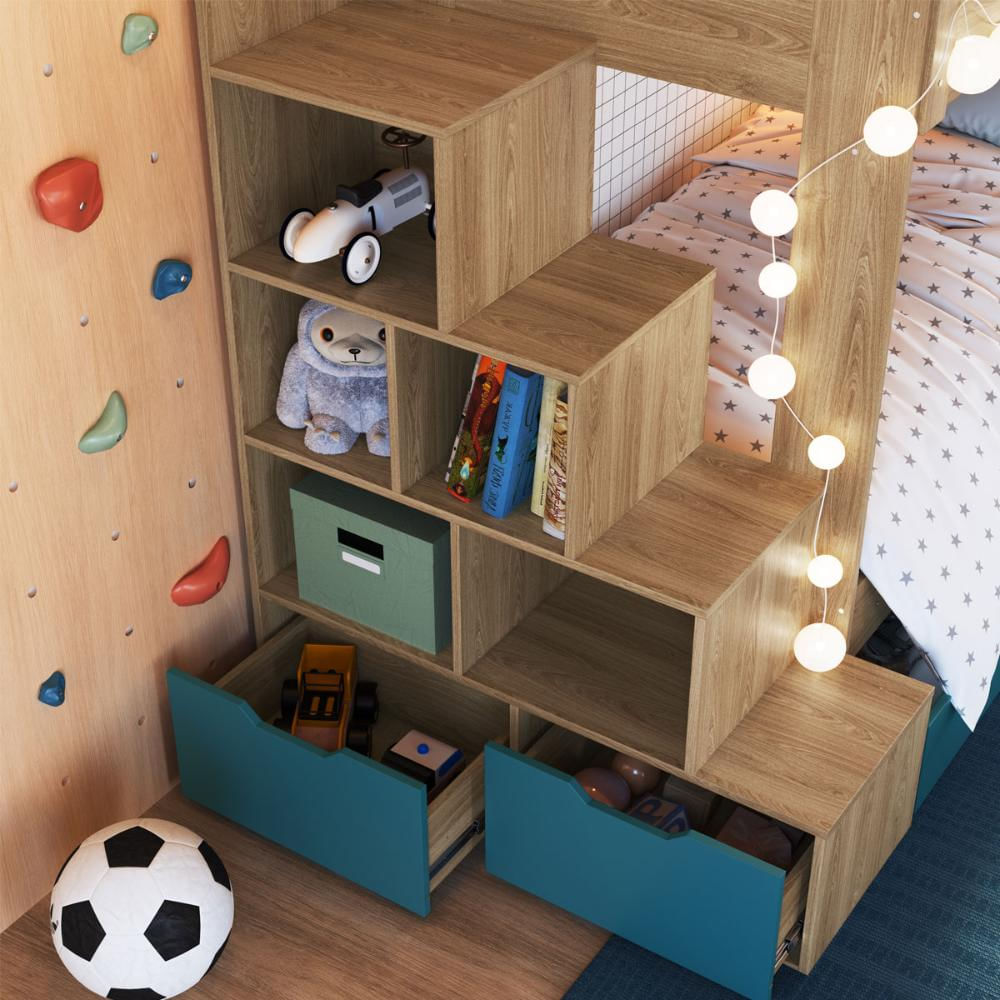 Treliche Infantil com Escada, Nicho e Gaveta Aveiro com Azul