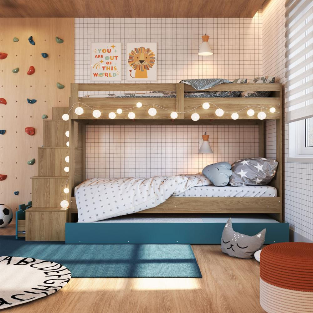 Treliche Infantil com Escada, Nicho e Gaveta Aveiro com Azul