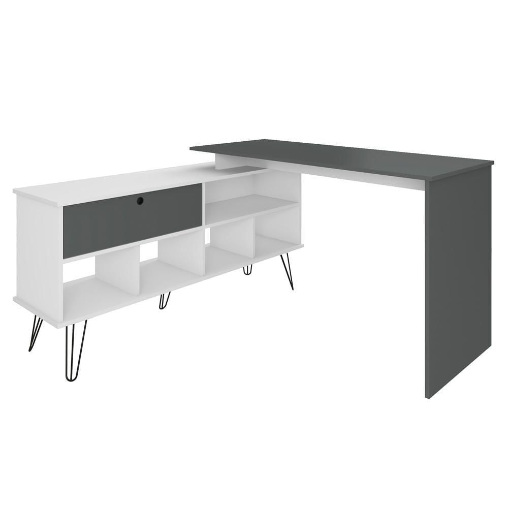 Mesa Para Escritório Escrivaninha Em L Home Office Kalil A02 Branco Grafito - Lyam Decor