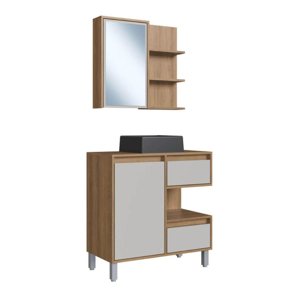 Gabinete 80cm Paula Mel Arenas Espelheira Porta Cuba Preta Em Mármore Sintético De Banheiro