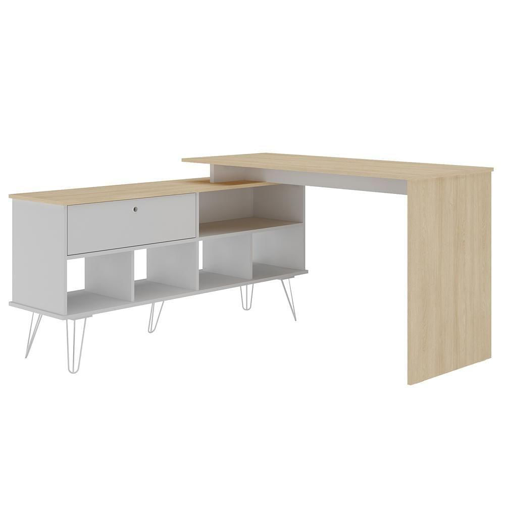 Mesa Para Escritório Escrivaninha Em L Home Office Kalil A02 Carvalho Branco - Lyam Decor