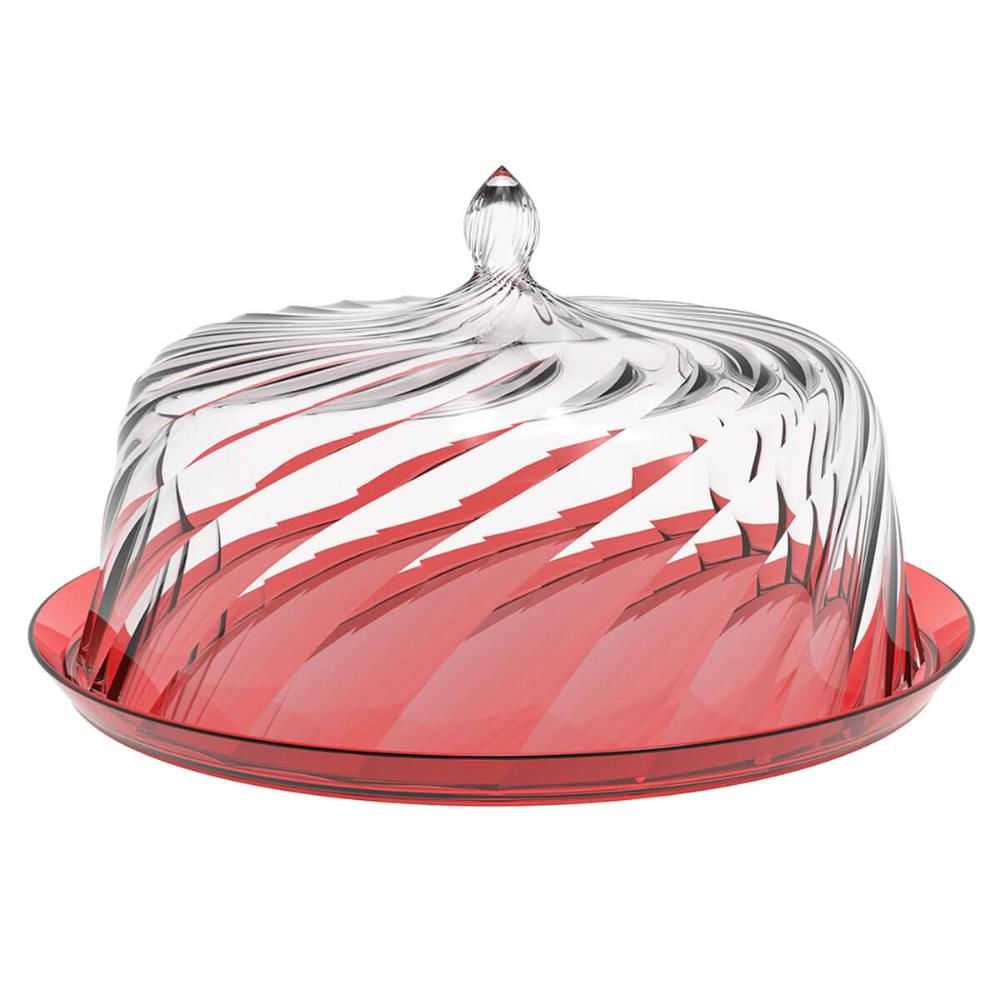 Boleira com Cúpula 30cm Crippa Vermelho Transparente Porta Bolo Glassy Torta Doces