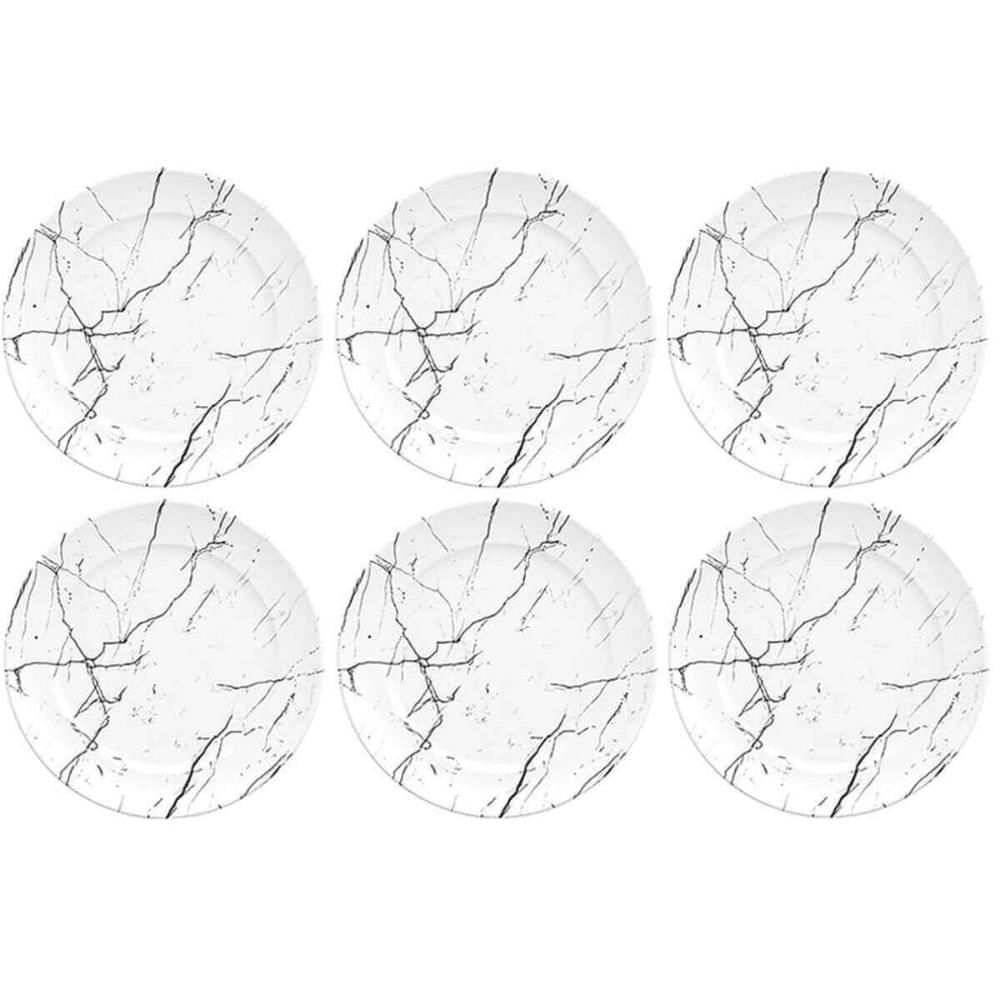 Jogo 6 Pratos de Sobremesa de Porcelana Germer Mármore Branco Raso Nero 20,5cm