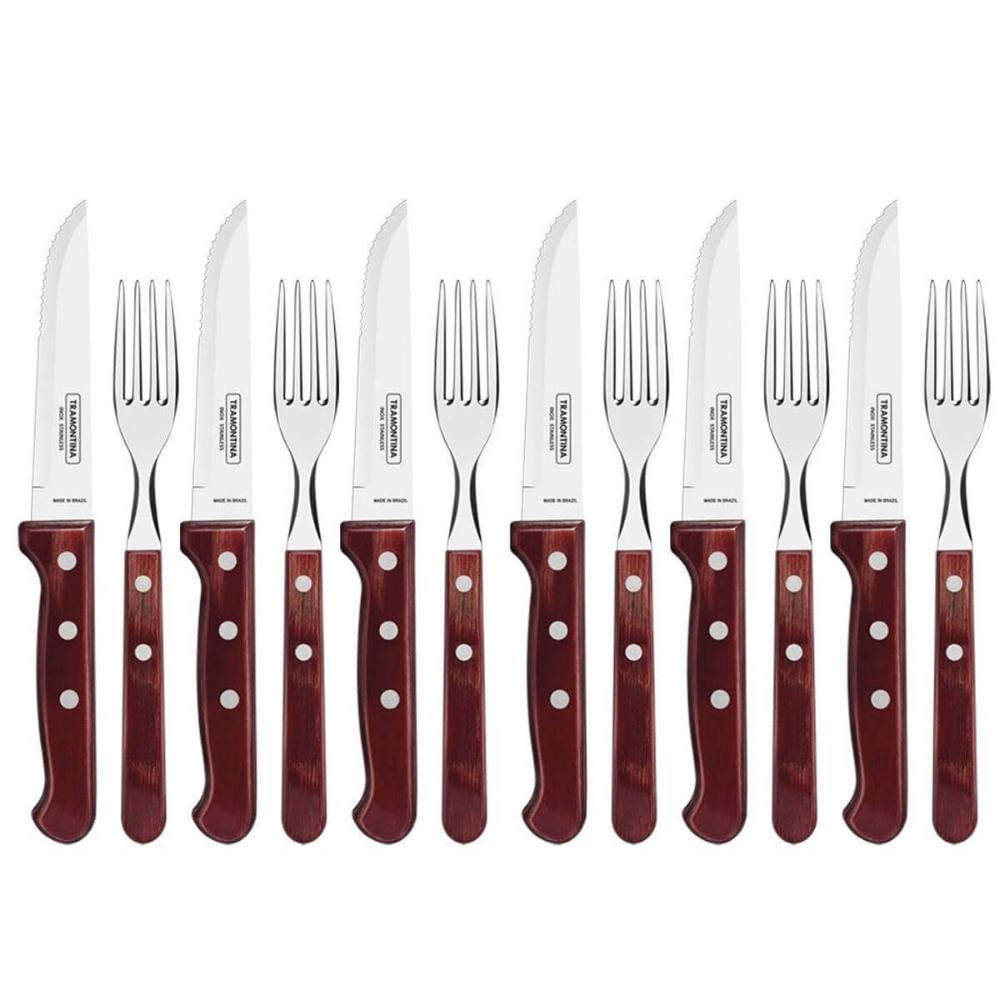 Jogo de Talheres Jumbo 12 Peças Tramontina Churrasco Lâminas Aço Inox Cabos de Madeira Polywood Vermelho