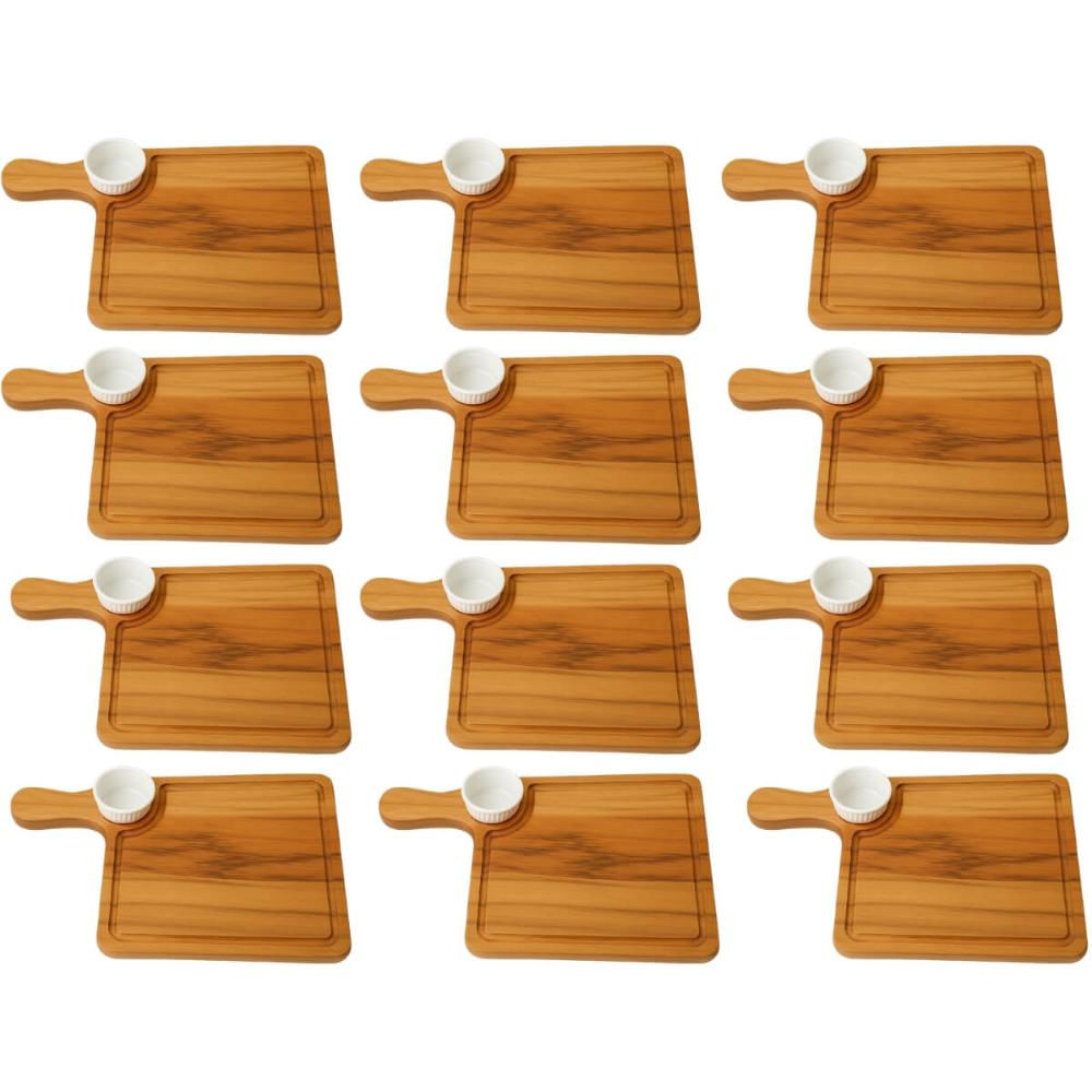Kit 12 Tábuas Teca 35x22cm com Molheira 30ml para Servir Hambúrguer Petisqueira Zanline