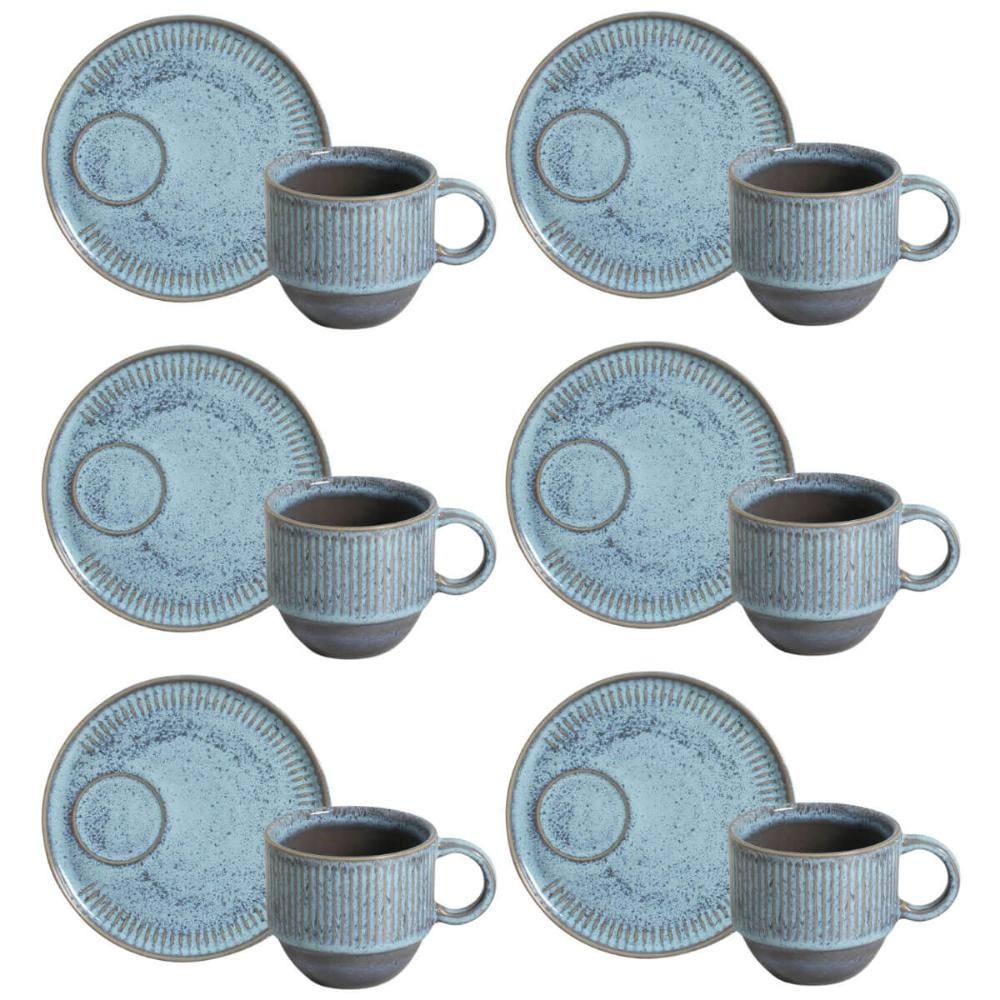 Conjunto 6 Xícaras de Chá 230ml Empilhável com Pires Linhas Breeze Azul Mesa Posta Café da Manhã