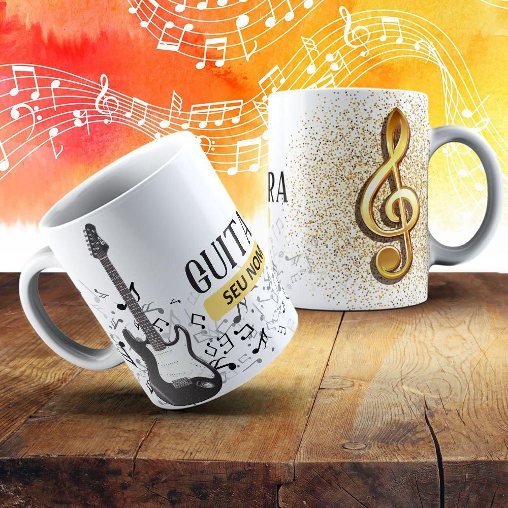 Caneca De Porcelana 325ml Com Estampa De Instrumentos Musicais Guitarra