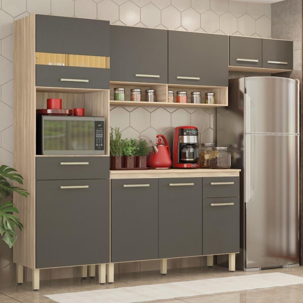 Armário De Cozinha Compacta 3 Peças Com Balcão Dama Avena Touch-grafito