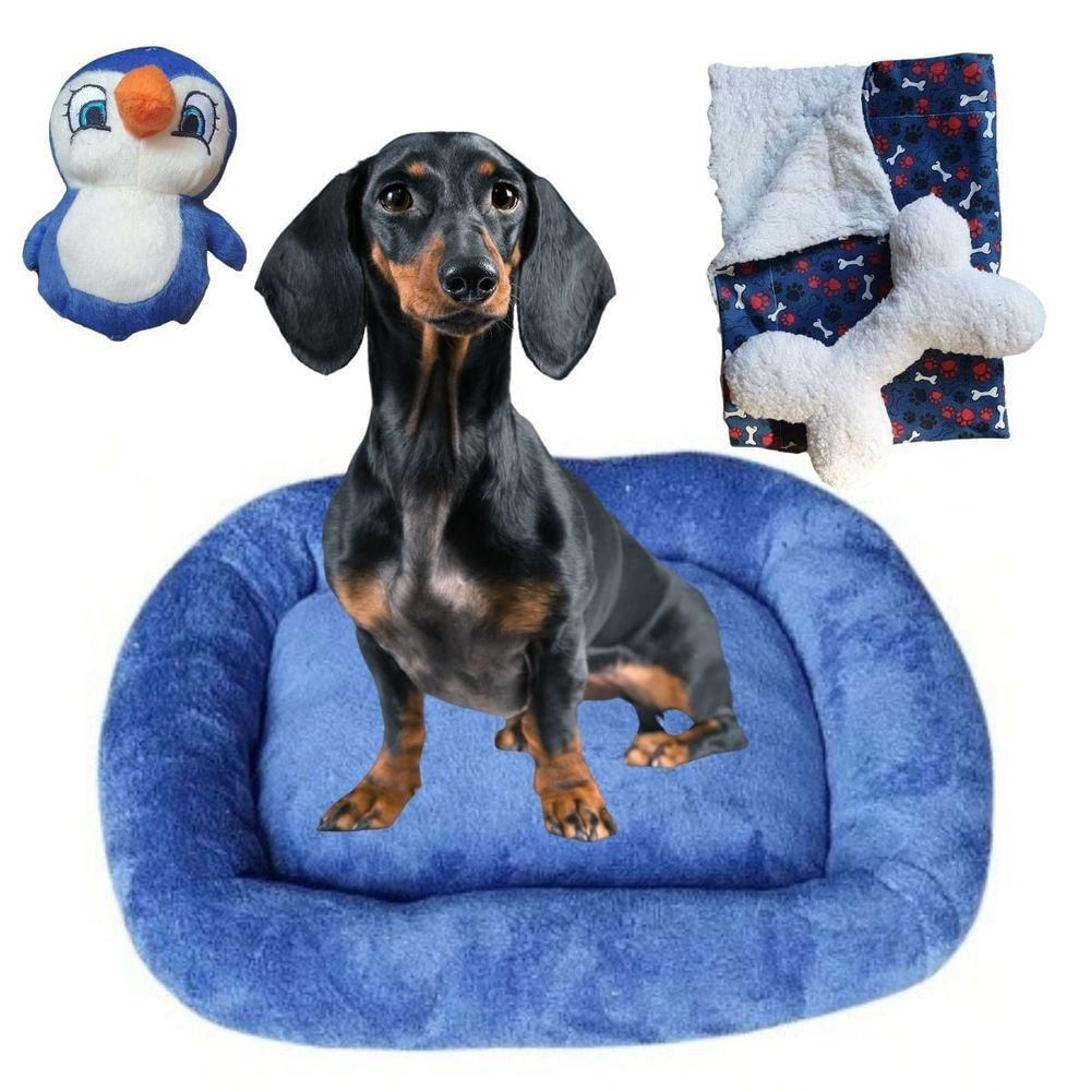 Kit Cama Pet Bigata G Luxo Com Osso Pelucia E Mantinha Azul Marinho