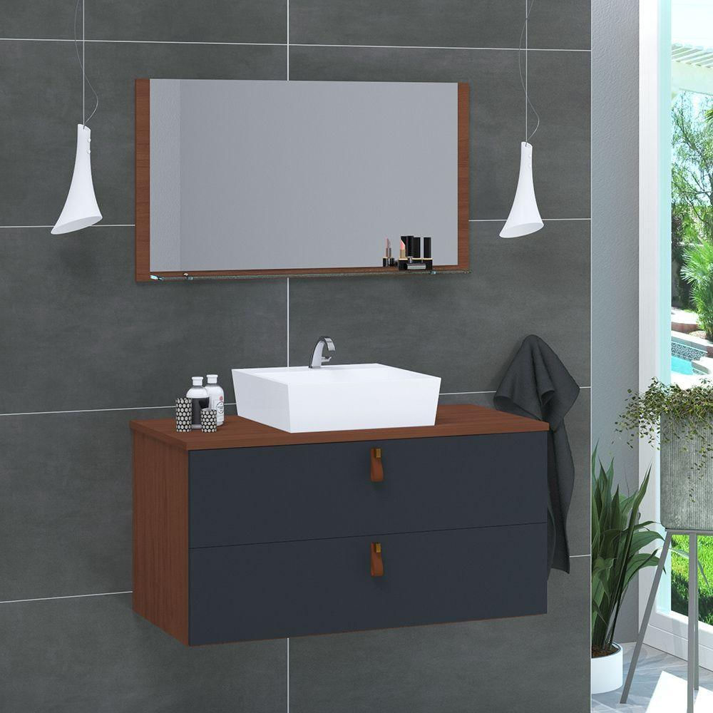 Gabinete De Banheiro Suspenso 2 Gavetas Berlim 60cm Natura E Cinza Titanium - Cinza
