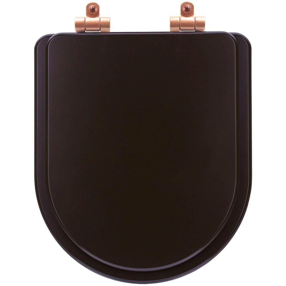 Tampa De Vaso Poliéster Com Fechamento Lento Carrara Marrom Fosco Para Louça Deca Com Ferragem Rose Gold