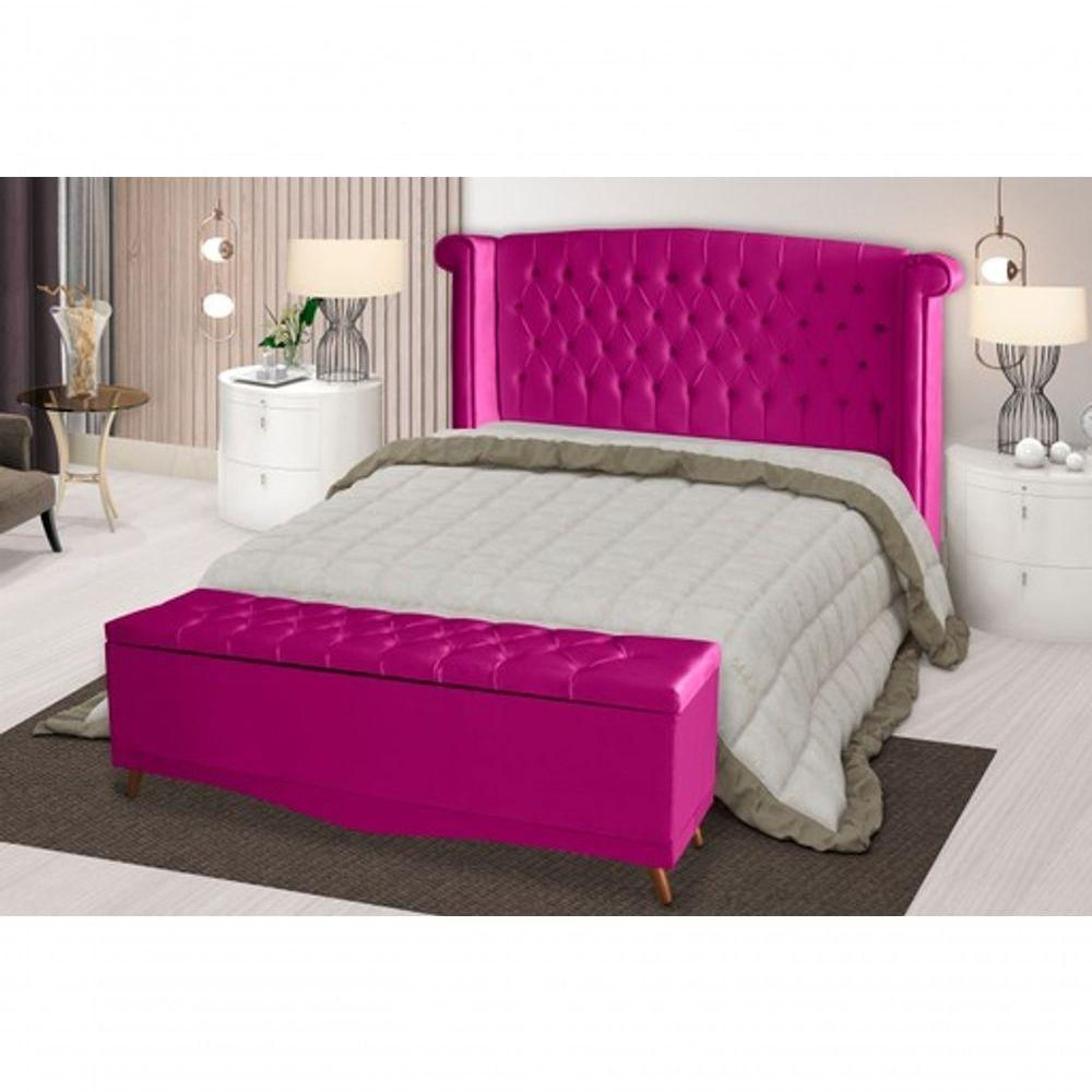 Kit Cabeceira De Cama Box E Calçadeira Baú Malibu Casal 140 Cm Suede Rosa Pink Eli Móveis