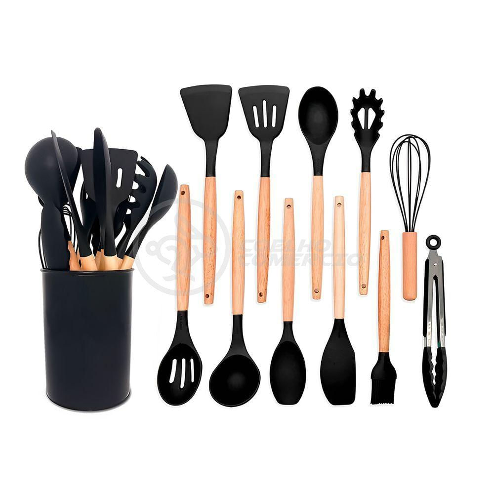 Kit 12 Peças Conjunto De Cozinha Utensílios De Silícone Com Espatulas Pincel Batedor Manual - Preto