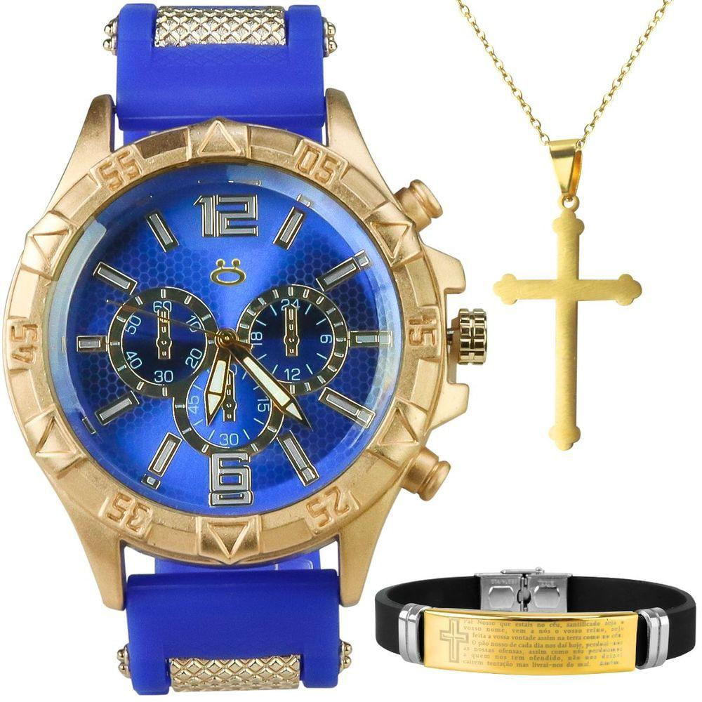 Relogio Masculino Aço Dourado + Cordao Crucifixo + Pulseira Ajustavel Pesado Azul Silicone Robusto