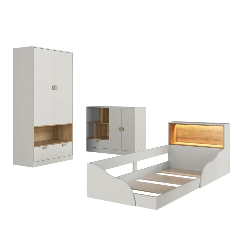 Quarto Infantil com Cama de Solteiro Montessoriana Cômoda e Guarda Roupas Lille Cj077