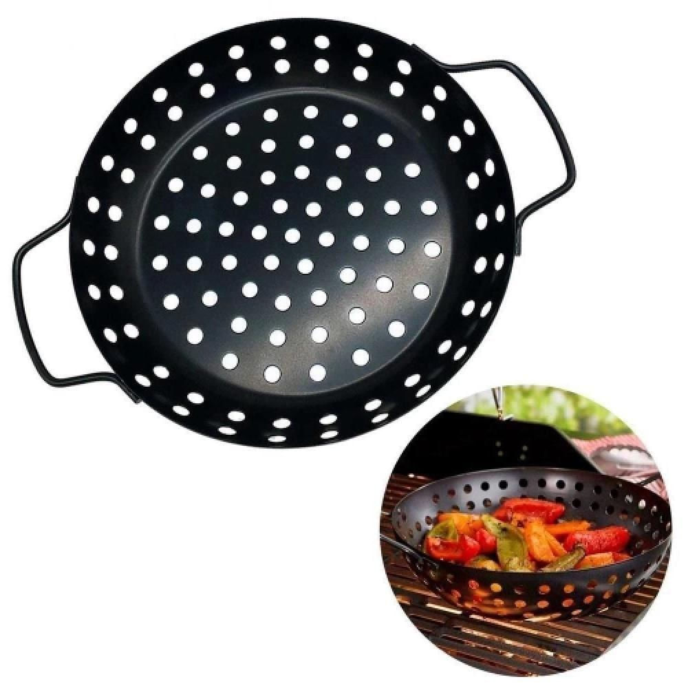 Panela Churrasqueira Fritadeira Grelha Antiaderente Cesto Churrasco Legumes Camarao Peixe Grelhado Com Alca Preta