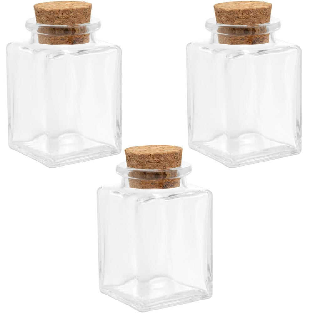 3 Mini Potes Quadrados de Vidro com Tampa de Rolha 90ml Lyor Porta Temperos Chás