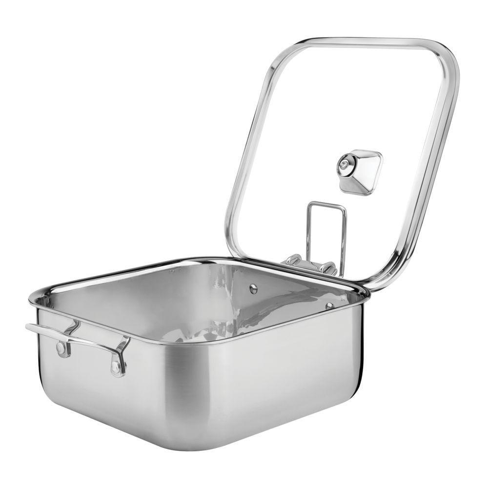 Caçarola Tramontina Grano Quadrada Em Aço Inox Com Suporte Para Tampa Corpo Triplo Com Alças E Tampa De Vidro 4 L