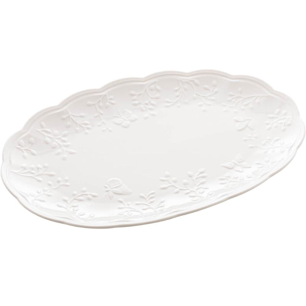 Travessa Lyor de Porcelana New Bone Butterfly Flower 36x23cm Oval Mesa Posta