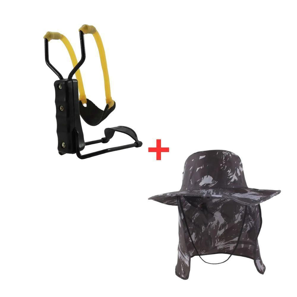 Kit Trilha Sobrevivência Pesca - Estilingue De Pesca + Chapéu Pescador Proteção Solar Pescoço