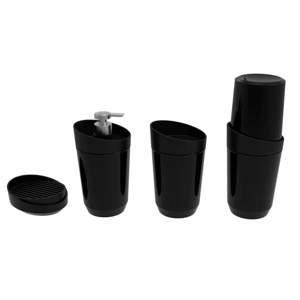 Kit Banheiro Preto Crippa 4 Peças Porta Escova Porta Sabonete Líquido Porta Algodão e Saboneteira