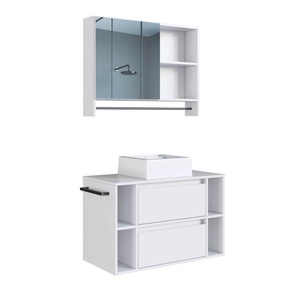 Conjunto para Banheiro Branco Gabinete Suspenso 80cm com Cuba Espelheira e Toalheiro