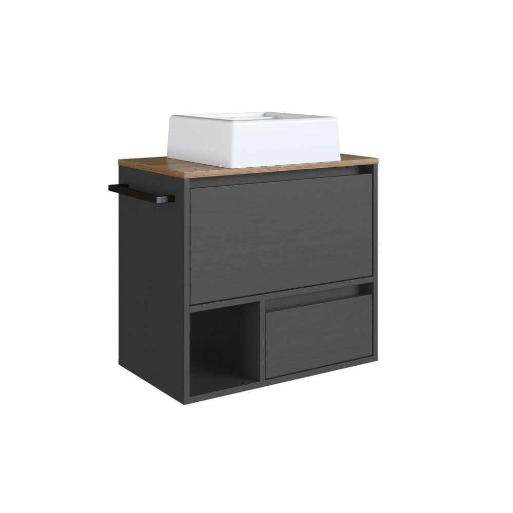 Gabinete Suspenso 60cm Mel Grafite com Cuba 1 Nicho 1 Gaveta e Toalheiro BH8050MGCUBA