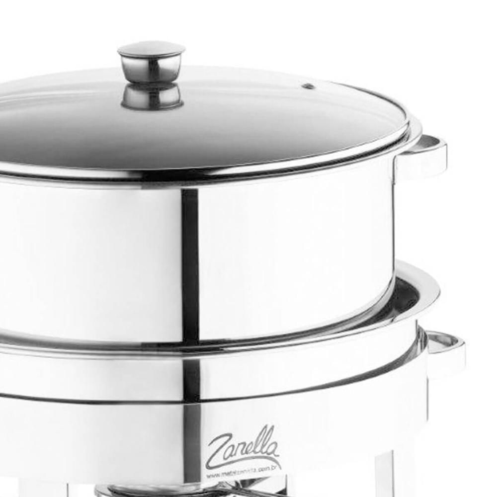 Rechaud Gastronômico Banho Maria 8,5L Aço Inox Tampa de Vidro Redondo Eventos Restaurante