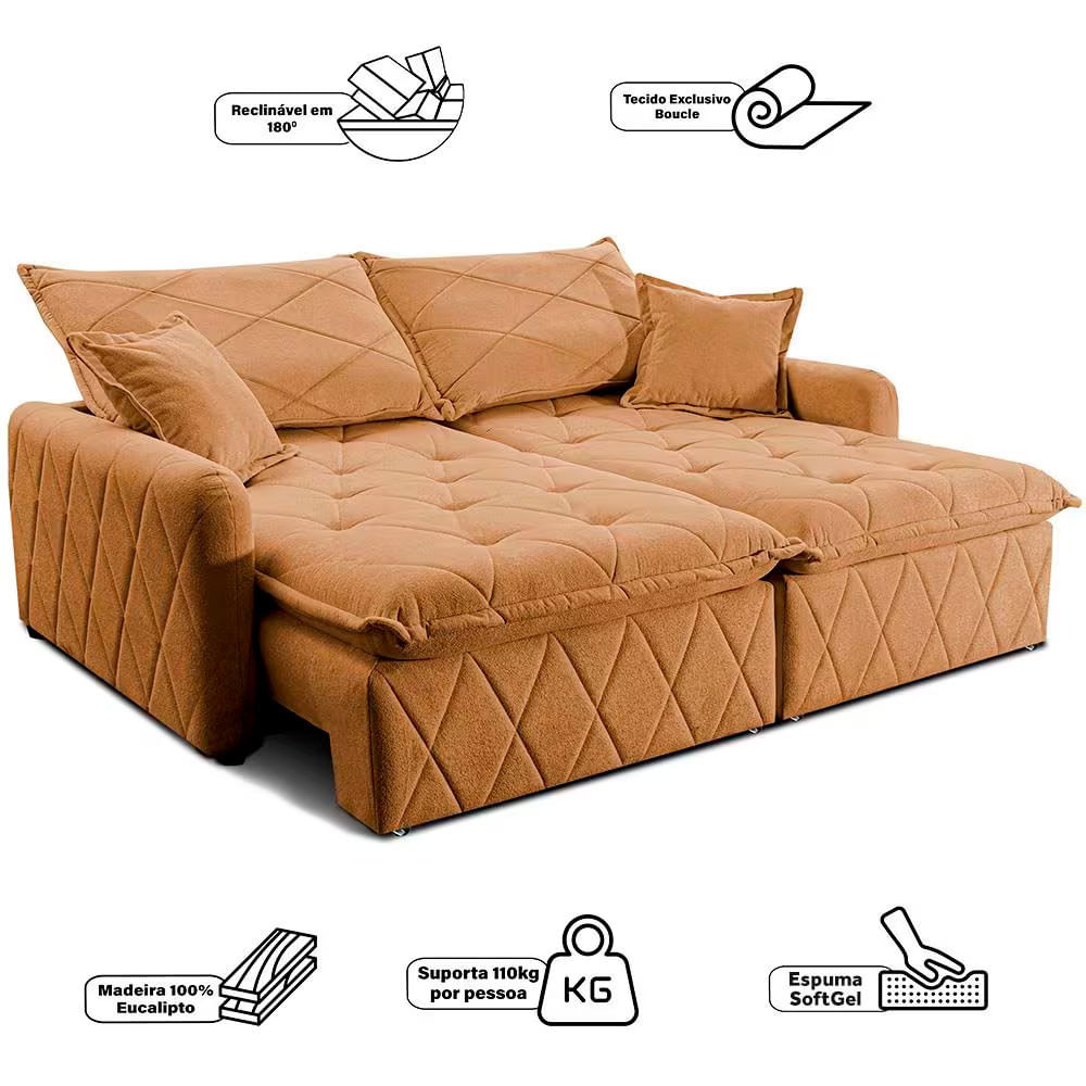Sofá 3 lugares Cama inBox Sublime com Assento Retrátil e Encosto Reclinável em Boucle Caramelo