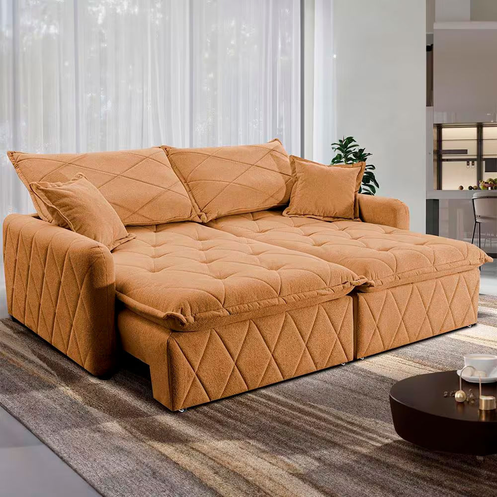 Sofá 3 lugares Cama inBox Sublime com Assento Retrátil e Encosto Reclinável em Boucle Caramelo