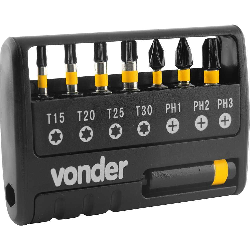 Jogo de bits/ponteiras de impacto S2 com 9 peças encaixe sextavado 1/4" VONDER