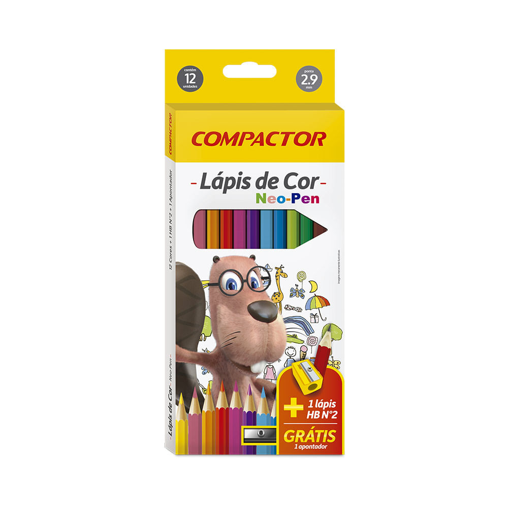 Kit Lápis de Cor Compactor Neo-Pen 12 Cores com Lápis HB e 1 Apontador