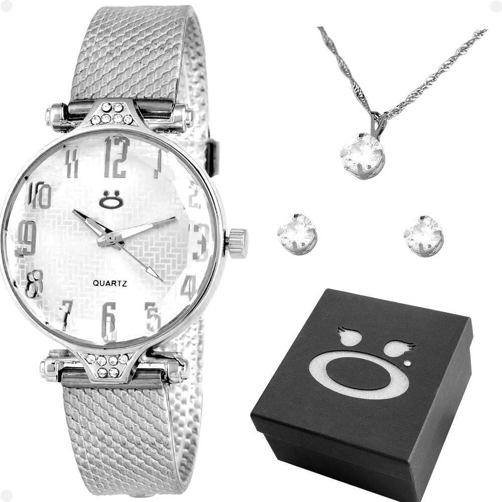 Relogio Feminino Aço Prata Silicone + Brincos Presente Social Qualidade Premium Inoxidável Strass