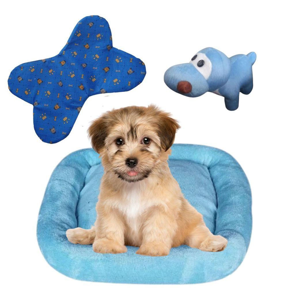 Kit Caminha Pet Bigata M Luxo Fofa Com Comedouro E Pelucia Azul Claro