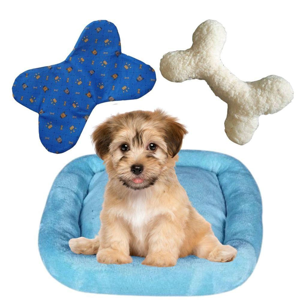 Cama Bigata M Tecido Soft Com Comedouro E Ossinho Kit 3 Peças Azul Claro