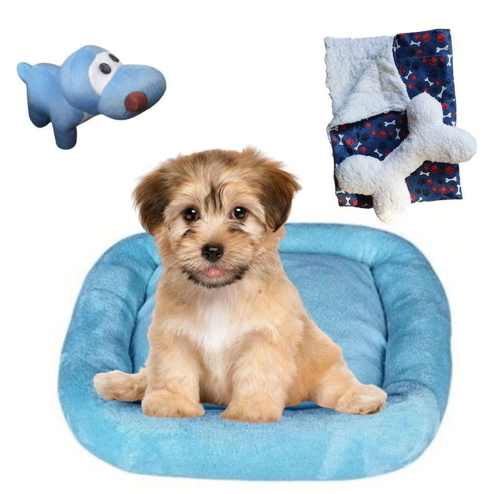 Cama Bigata M Tecido Soft Com Osso Pelucia E Manta Kit 4 Peças Azul Claro