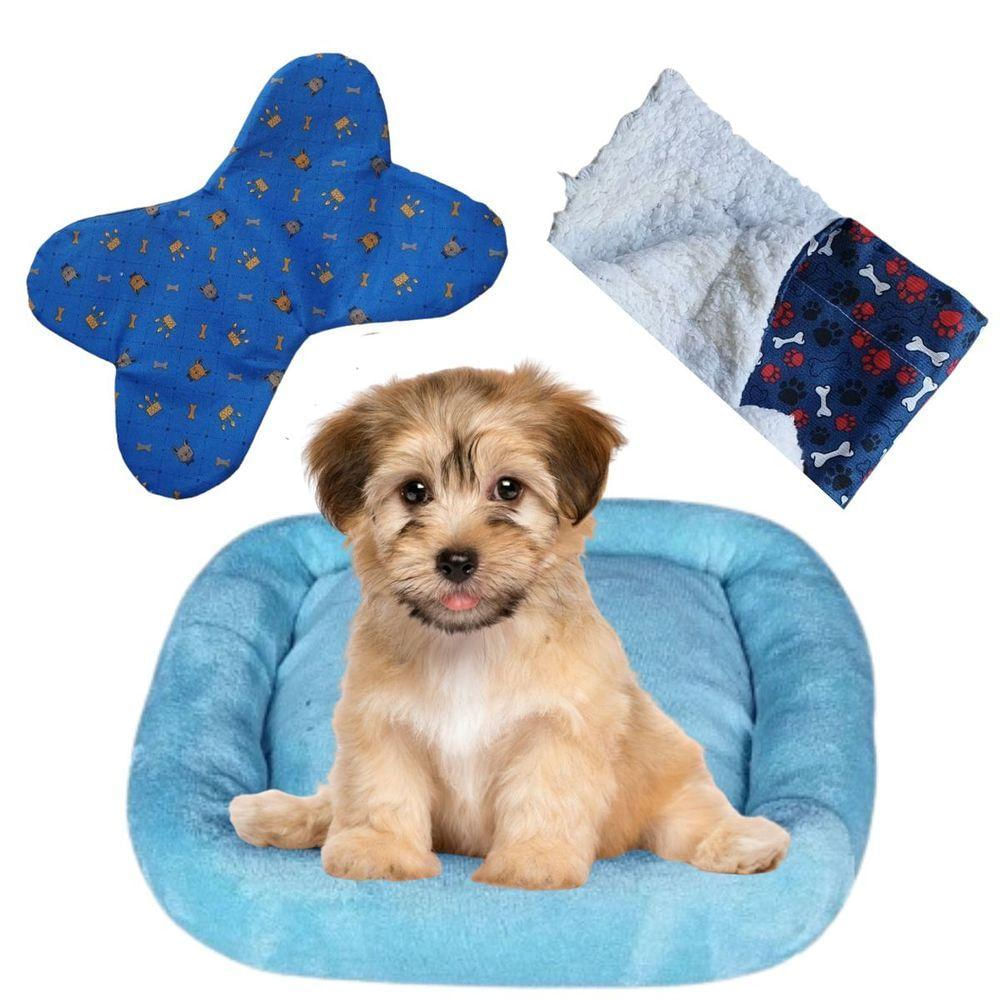 Kit Cama Pet Bigata M Luxo Fofa Com Comedouro E Manta Azul Claro