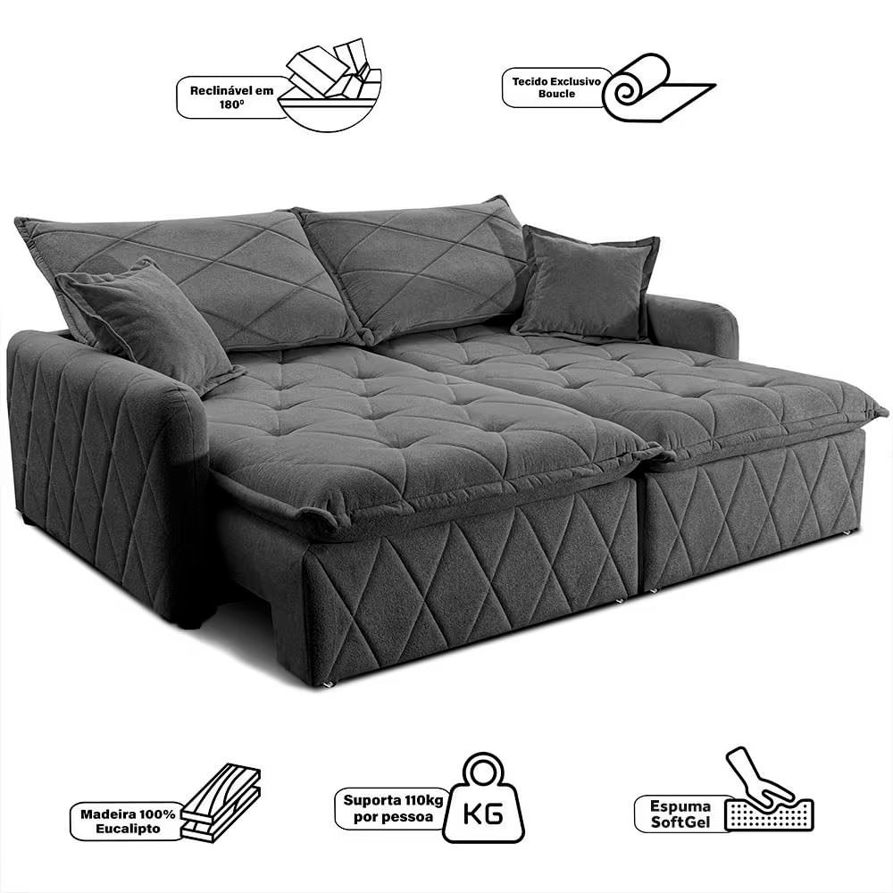 Sofá 3 lugares Cama inBox Sublime com Assento Retrátil e Encosto Reclinável em Boucle Cinza Escuro