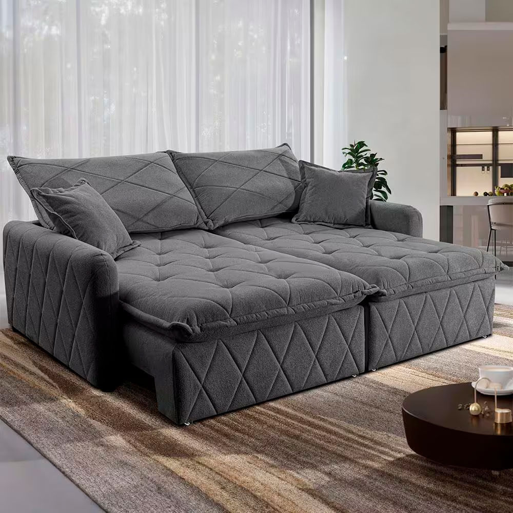 Sofá 3 lugares Cama inBox Sublime com Assento Retrátil e Encosto Reclinável em Boucle Cinza Escuro
