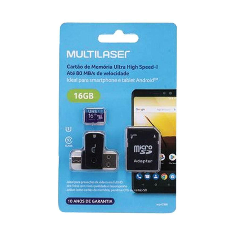 Cartão De Memória 4x1 Ultra High Speed Até 80 Mb-s Uhs1 16gb +adaptador Sd Usb Dual Mc150 Classe 10