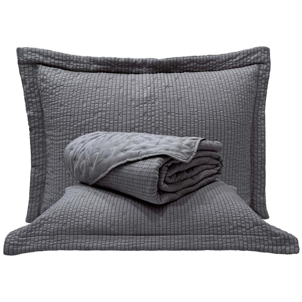 Cobre Leito Queen Analu Micropercal 300 Fios Dupla Face Texturizado 3 Peças - Chumbo