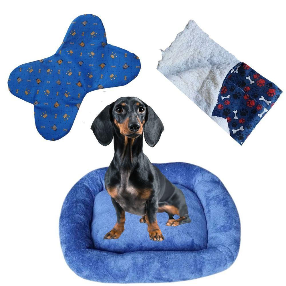 Cama Bigata G Tecido Soft Com Comedouro E Mantinha Kit 3 Peças Azul Marinho