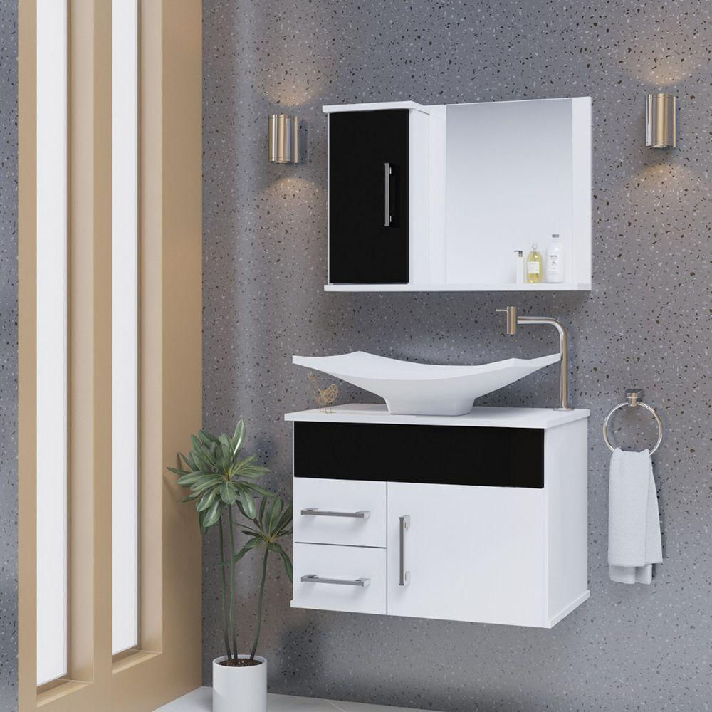 Conjunto Gabinete Inferior E Superior Banheiro 2 Gavetas 1 Porta Turin - Preto - Preto